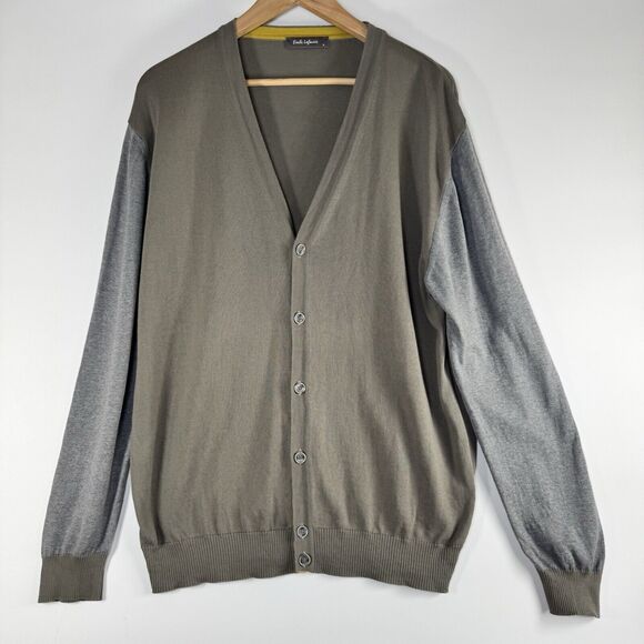 Emile Lafaurie Men XL Cardigan Sweater Made in Italy Olive Green Gray Colorblock - Picture 1 of 14